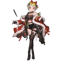  1girl alternate_costume bangs bare_shoulders bell belt black_footwear black_gloves black_legwear black_shorts blonde_hair blush boots bow breasts bullpup choker closed_mouth coat coat_lift collarbone crossed_legs double_bun eyewear_on_head full_body fur-trimmed_coat fur_trim gas_mask girls_frontline gloves gun hair_bow hair_ornament jingle_bell lm7_(op-center) looking_at_viewer off_shoulder official_art open_clothes open_coat p90 p90_(girls_frontline) red_bow red_coat red_eyes short_shorts shorts smile snap-fit_buckle solo standing star star_hair_ornament strap strapless submachine_gun sunglasses thigh-highs thigh_boots thigh_strap transparent_background tubetop watson_cross weapon 