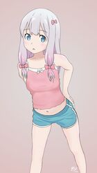  1girl 2019 :o absurdres arm_behind_back belly_peek blue_eyes blush breasts collarbone eromanga_sensei highres izumi_sagiri lavender_hair loli long_hair looking_at_viewer navel open_eyes open_mouth pink_shirt qtist shiny shiny_hair shirt short_shorts shorts simple_background small_breasts solo standing tagme turquoise_shorts white_hair 