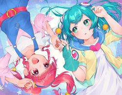  2girls :d absurdres aqua_eyes aqua_gloves aqua_hair collarbone eyebrows_visible_through_hair gloves hagoromo_lala hair_ornament heart highres hoshina_hikaru huge_filesize long_sleeves looking_at_another multiple_girls open_mouth pink_eyes pointy_ears precure red_eyes redhead short_hair short_sleeves single_glove smile star star-shaped_pupils star_twinkle_precure symbol-shaped_pupils twintails upside-down yupiteru 