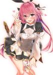  1girl astolfo_(fate) astolfo_(saber)_(fate) bangs between_legs black_bow black_dress black_neckwear black_ribbon blush bow bowtie breasts buttons dress fang fate/grand_order fate_(series) genderswap genderswap_(mtf) hair_between_eyes hair_bow hair_intakes hair_ribbon heart highres juliet_sleeves kawai layered_skirt leaning_forward long_hair long_sleeves looking_at_viewer low_twintails medium_breasts multicolored_hair open_mouth pink_hair puffy_sleeves ribbon sheath simple_background skirt smile solo streaked_hair sword thighs twintails v violet_eyes weapon white_background white_hair white_skirt wide_sleeves wing_collar 