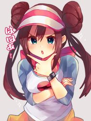  1girl bangs beniko_(ymdbnk) blue_eyes blush bow breasts brown_hair chin_stroking commentary_request double_bun eyebrows_visible_through_hair grey_background hair_between_eyes highres long_hair looking_at_viewer medium_breasts mei_(pokemon) orange_skirt pokemon_masters raglan_sleeves red_bow shirt short_sleeves sidelocks simple_background skirt solo sparkle twintails very_long_hair visor_cap watch watch white_headwear white_shirt 