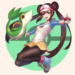  1girl blue_eyes brown_hair double_bun hair_bun highres long_hair low_twintails mei_(pokemon) mugetsu2501 pantyhose pokemon pokemon_(creature) pokemon_(game) pokemon_bw2 pokemon_masters snivy twintails visor_cap 