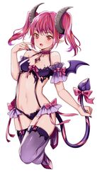  1girl :d bare_shoulders bra collar demon_girl demon_horns demon_tail demon_wings fangs garter_straps halterneck hand_up high_heels holding horns long_hair looking_at_viewer meisuke_mei mini_wings multicolored_hair nail_polish navel open_mouth original panties pink_hair pointy_ears purple_bra purple_legwear purple_nails purple_panties red_eyes ribbon sidelocks smile solo spiked_collar spikes streaked_hair tail tail_ribbon thigh-highs twintails underwear underwear_only wings 