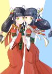  2girls black_hair blush hinoa holding_hands japanese_clothes kimono ksk_(pixiv2154058) long_hair minoto monster_hunter monster_hunter_(series) monster_hunter_rise pointy_ears siblings twins 