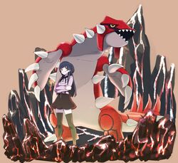  1girl bangs black_hair black_legwear black_neckwear black_ribbon black_skirt breasts brown_eyes claws closed_mouth commentary_request crossed_arms full_body gen_3_pokemon groudon happy highres kashii_takamasa legendary_pokemon long_hair long_sleeves looking_to_the_side miniskirt molten_rock neck_ribbon one_side_up open_mouth original pokemon pokemon_(creature) purple_shirt ribbon rock sharp_teeth shiny shiny_hair shirt skirt small_breasts smile spikes teeth thigh-highs tied_hair yellow_eyes zettai_ryouiki 