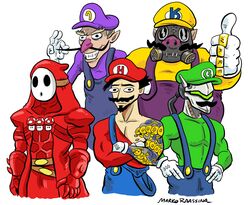  5boys artist_name bare_chest belt blizzard_(company) cosplay crossed_arms cyborg fake_facial_hair fake_mustache genji_(overwatch) gloves grin hanzo_(overwatch) jewelry junkrat_(overwatch) luigi luigi_(cosplay) mario mario_(cosplay) super_mario_bros. mario_tennis markraas mask multiple_boys mushroom ninja nintendo nintendo_ead overwatch reaper_(overwatch) ring roadhog_(overwatch) shy_guy shy_guy_(cosplay) smile super_mario_bros. super_mario_bros._2 super_smash_bros. thumbs_up waluigi waluigi_(cosplay) wario wario_(cosplay) wario_land yoshi&#039;s_island 