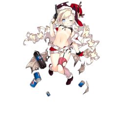  1girl alternate_costume belt bikini_top black_footwear blonde_hair blue_eyes blush boots breasts can christmas coat colt_m1873_(girls_frontline) colt_saa commentary_request girls_frontline gloves gun handgun hat holding long_hair looking_at_viewer navel official_art red_coat red_gloves red_headwear revolver sack saru short_shorts shorts single_thighhigh small_breasts smile soda soda_bottle soda_can solo striped striped_legwear thigh-highs torn_clothes torn_legwear transparent_background twintails weapon 