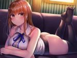  1girl ass bangs bare_shoulders beeyan black_legwear blush breasts brown_eyes brown_hair couch curtains eyebrows_visible_through_hair highres long_hair looking_at_viewer lying on_stomach original skirt sleeveless smile solo thigh-highs 