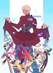  1boy archer armor bakemonogatari blade brown_eyes chain chopsticks closed_mouth coffee coffee_cup commentary cosplay cup dagger disposable_cup english_commentary excalibur falling fate/stay_night fate/unlimited_blade_works fate_(series) food from_behind gae_bolg highres holding holding_clothes jewelry knife liquid looking_at_viewer male_focus manly monogatari_(series) noodles omoshiroi pants pendant plate polearm red_clothes scissors senjougahara_hitagi simple_background solo spear spring_onion standing sword two-tone_background unlimited_blade_works weapon white_hair 