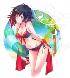  1girl bikini black_hair breasts collarbone floral_print front-tie_bikini front-tie_top gradient_hair grey_eyes highres iesupa innertube midriff multicolored_hair navel red_bikini redhead rose_print ruby_rose rwby short_hair solo swimsuit two-tone_hair 