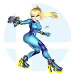  1girl blonde_hair blue_bodysuit blue_eyes bodysuit breasts gun holding holding_gun holding_weapon long_hair metroid nintendo nintendo_ead ponytail retro_studios samus_aran simple_background super_smash_bros. super_smash_bros._ultimate thighs tsuntsun_gokko weapon 