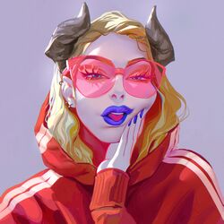  1girl absurdres ayran_oberto blonde_hair blue_lips blue_nails commentary ear_piercing earrings english_commentary eyelashes glasses green_eyes grey_background highres hood hood_down hoodie horns jewelry long_hair long_sleeves looking_at_viewer nail_polish non-anime_related open_mouth original piercing red_clothes simple_background solo sunglasses teeth upper_body 