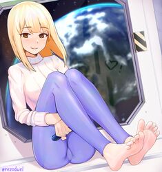  1girl barefoot blonde_hair blue_background blush brown_eyes eyebrows eyebrows_visible_through_hair feet female highres leggings legs looking_at_viewer md5_mismatch medium_hair original rezodwel sitting soles solo space thighs toes 