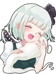  1girl :d ^_^ bangs black_ribbon blunt_bangs breasts closed_eyes commentary_request eringi_(rmrafrn) green_vest hair_ribbon head_tilt hitodama hug katana konpaku_youmu konpaku_youmu_(ghost) open_mouth puffy_short_sleeves puffy_sleeves ribbon shirt short_hair short_sleeves sidelocks silver_hair simple_background small_breasts smile solo sword touhou upper_body vest weapon weapon_on_back white_background white_shirt 