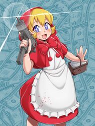  1girl basket blonde_hair blood bloody_clothes blue_eyes bulleta dollar_bill dress gun kurozu_(crozu) looking_at_viewer mac-10 machine_pistol money red_dress short_hair smile solo sparkling_eyes submachine_gun vampire_(game) weapon 