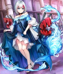  1girl admiral_graf_spee_(a_novel_anniversary)_(azur_lane) admiral_graf_spee_(azur_lane) anklet azur_lane ballroom bangs bare_shoulders blue_dress blue_eyes cannon choker closed_mouth collarbone column commentary_request dress earrings evening_gown eyebrows_visible_through_hair full_body high_heels highres holding_skirt indoors jewelry multicolored_hair pillar rigging shark_tail short_hair solo standing streaked_hair ta938_ka23 tail two-tone_hair white_hair 