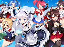  6+girls :d :t akagi-chan_(azur_lane) animal_ears anniversary apron arm_up azur_lane bare_shoulders belchan_(azur_lane) belfast_(azur_lane) bell black_gloves black_headwear black_legwear black_skirt blonde_hair blue_eyes blue_hair blue_legwear blue_shirt blue_skirt blue_sky bow bowtie braid brown_legwear cape clouds collarbone commentary_request criss-cross_halter day detached_collar dress elbow_gloves extra_ears fingerless_gloves fox_ears fur_trim gloves gradient_hair hair_bow hair_ornament hair_ribbon hairclip halterneck hands_up haori hat hiei-chan_(azur_lane) holding holding_hair horns japanese_clothes jingle_bell kurot little_cleveland_(azur_lane) little_helena_(azur_lane) little_san_diego_(azur_lane) long_hair long_sleeves looking_at_viewer maid maid_apron maid_headdress miniskirt multicolored_hair multiple_girls navel nontraditional_miko off_shoulder one_side_up open_mouth orange_eyes outdoors pantyhose parted_lips peaked_cap pink_eyes pleated_dress pleated_skirt pout red_eyes red_skirt redhead ribbon shirt shoes short_hair short_sleeves side_ponytail silver_hair skirt sky sleeveless sleeveless_shirt smile star star_print tears thigh-highs thighband_pantyhose twintails uniform v waist_apron white_cape white_gloves white_hair white_shirt white_skirt wide_sleeves younger zeppelin-chan_(azur_lane) zettai_ryouiki 