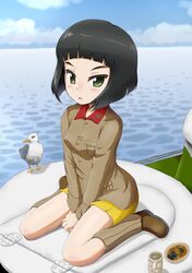  1girl absurdres amphibious_ground_vehicle bangs bird black_hair blue_sky blunt_ends bob_cut boots brown_footwear brown_jacket chi-hatan_(emblem) chi-hatan_military_uniform closed_mouth clouds cloudy_sky commentary cup daxz240r day emblem full_body girls_und_panzer green_eyes green_tea highres insignia jacket knee_boots kubota_(girls_und_panzer) light_blush long_sleeves looking_at_viewer military military_uniform miniskirt ocean on_vehicle outdoors pleated_skirt seagull senbei short_hair sitting skirt sky solo special_type_2_launch_ka-mi tea tea_stalk uniform v_arms wariza yellow_skirt yunomi 