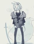  1girl animal_ears ars_almal bangs bare_shoulders daifukumochi_(akaaokiiwo) full_body fur-trimmed_jacket fur_trim grey_background greyscale hair_ribbon jacket katana large_tail long_sleeves looking_away looking_to_the_side monochrome nijisanji off_shoulder open_clothes open_jacket profile ribbon sleeves_past_fingers sleeves_past_wrists solo standing sword tail tank_top thigh-highs virtual_youtuber weapon 