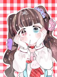  +_- 1girl bangs blue_eyes blunt_bangs blush brown_hair candy choker diagonal_stripes eyebrows_visible_through_hair food hanataro_(sruvhqkehy1zied) hands_on_own_cheeks hands_on_own_face heart heart_choker heterochromia long_hair long_sleeves mahou_shoujo_ikusei_keikaku_aces mouth_hold nakano_sorami outline plaid plaid_background red_eyes shirt solo striped twintails upper_body white_outline white_shirt 