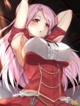  1girl :o aiguillette anchor armpit_cutout armpits bangs black_neckwear black_ribbon blush breasts eyebrows_visible_through_hair eyelashes frills kantai_collection large_breasts long_hair luigi_di_savoia_duca_degli_abruzzi_(kantai_collection) pink_eyes pink_hair pleated_skirt red_skirt ribbon short_sleeves sideboob signature skirt solo youmou_usagi 