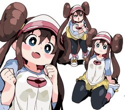  1girl :3 :o bangs black_legwear blue_eyes blush bow breasts brown_hair double_bun eyebrows_visible_through_hair fang legwear_under_shorts long_hair medium_breasts mei_(pokemon) mossgreen multiple_views open_mouth pantyhose pink_bow poke_ball pokemon pokemon_(game) pokemon_bw2 raglan_sleeves shadow shirt shoes shorts simple_background sitting skin_fang smile sneakers solo standing twintails visor_cap white_background yellow_shorts 