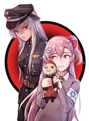  2girls armband bird commander_(girls_frontline) crying crying_with_eyes_open doll eagle girls_frontline glaring hair_ribbon hat hexagram highres iron_cross kar98k_(girls_frontline) military military_uniform multiple_girls nazi negev_(girls_frontline) niac peaked_cap pink_hair red_eyes ribbon silver_hair star_of_david tears uniform 