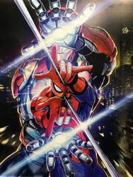  2boys \m/ dragon_ball dragon_ball_z epic glowing highres iron_man lens_flare male_focus marvel mask multiple_boys murata_yuusuke no_pupils official_art parody peter_parker power_suit scan scan_artifacts spider-man spider-man:_far_from_home spider-man_(series) superhero tony_stark 