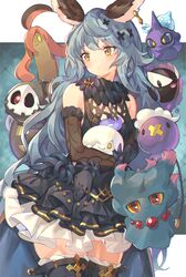  1girl animal_ears bare_shoulders black_dress black_gloves blue_hair blush candle commentary_request cowboy_shot dress drifloon duskull elbow_gloves erune fang ferry_(granblue_fantasy) fire fur_trim gastly gen_1_pokemon gen_2_pokemon gen_3_pokemon gen_4_pokemon gen_5_pokemon gen_6_pokemon ghost gloves gourgeist granblue_fantasy highres jewelry kanase_(mcbrwn18) litwick long_hair misdreavus one_eye_covered pokemon pokemon_(creature) red_eyes shuppet single_earring smile thigh-highs very_long_hair wavy_hair wax yellow_eyes 