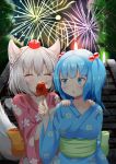  2girls :o aerial_fireworks alternate_costume animal_ears arm_up behind_another blue_eyes blue_hair blue_kimono blush breasts candy_apple closed_eyes collarbone commentary_request eating eyebrows_visible_through_hair fireworks floral_print food grin hair_between_eyes hair_bobbles hair_ornament hands_on_another&#039;s_shoulders hat inubashiri_momiji japanese_clothes kawashiro_nitori kimono large_breasts looking_back multiple_girls night obi outdoors pink_kimono red_headwear rururiaru sash short_hair silver_hair smile stairs standing tail tokin_hat touhou two_side_up upper_body wolf_ears wolf_tail yukata 
