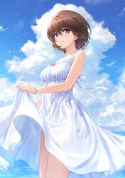  1girl bangs blush bracelet breasts brown_hair closed_mouth clouds cloudy_sky day dress eyebrows_visible_through_hair guchico jewelry looking_at_viewer medium_breasts ocean original outdoors short_hair skirt_hold sky sleeveless sleeveless_dress smile solo standing sundress thighs violet_eyes white_dress 