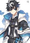  1boy armor black_gloves black_hair blue_eyes blue_flower cape charlemagne_(fate) closed_mouth commentary_request eyebrows_visible_through_hair fate/extella fate/extella_link fate/extra fate_(series) floral_background flower gloves hair_between_eyes highres holding holding_sword holding_weapon joyeuse_odre looking_at_viewer male_focus multicolored_hair nikame puff_and_slash_sleeves puffy_sleeves sheath sheathed short_hair signature smile solo spiky_hair sword two-tone_hair weapon white_cape white_hair 