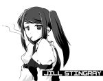  1girl artist_request bartender character_name cigarette commentary jill_stingray long_hair looking_back monochrome smoking solo twintails va-11_hall-a 