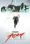  1boy absurdres akira belt black_gloves black_jacket copyright_name fire frilled_shirt_collar frilled_sleeves frills gloves green_hair ground_vehicle half_gloves highres jacket kuroduki_(pieat) lio_fotia male_focus motor_vehicle motorcycle parody promare trigger_(company) 