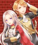  1girl ayame_(norie11) blonde_hair blue_eyes blush cravat edelgard_von_hresvelg epaulettes ferdinand_von_aegir fire_emblem fire_emblem:_three_houses garreg_mach_monastery_uniform gloves hair_ornament hair_over_one_eye long_hair looking_at_viewer open_mouth orange_hair short_hair simple_background smile uniform 