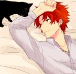  1boy akagi_toma bed cat earrings gen&#039;ei_ibunroku_sharp_fe jewelry necklace one_eye_closed red_eyes redhead saichi_(meme+) solo upper_body 