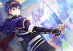  1boy aoi_itsuki belt blue_eyes blue_hair cape clouds gen&#039;ei_ibunroku_sharp_fe gloves happy_birthday shirayuki_shion sky solo sword tiara weapon 