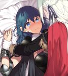  2girls armor bangs blue_eyes blue_hair blush breasts byleth_(fire_emblem) byleth_eisner_(female) cape closed_mouth commentary_request edelgard_von_hresvelg fire_emblem fire_emblem:_three_houses garreg_mach_monastery_uniform gloves hair_between_eyes hair_ribbon highres lips long_hair long_sleeves lying multiple_girls on_back pillow purple_ribbon red_cape ribbon sweatdrop uniform upper_body white_pillow wrist_grab yappen yuri 