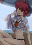  1girl alternate_costume arm_support arm_up beach bikini bloom blue_ribbon blue_sky blurry chiizu_ore cowboy_shot day depth_of_field drying hair_ribbon highres holding holding_towel knees_up kohaku looking_at_viewer medium_hair nave ocean open_mouth redhead ribbon sand see-through shirt sky solo swimsuit tied_shirt towel tsukihime wet wet_clothes wet_shirt white_shirt yellow_eyes 