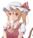  1girl ascot bangs blonde_hair blush breasts commentary crystal eyebrows_visible_through_hair finger_to_cheek flandre_scarlet frilled_shirt_collar frills hair_between_eyes hand_up hasuhasu hat hat_ribbon highres index_finger_raised long_hair looking_at_viewer mob_cap pointy_ears red_eyes red_ribbon red_vest ribbon side_ponytail sidelocks simple_background small_breasts solo touhou upper_body vest white_background white_headwear wings wrist_cuffs yellow_neckwear 