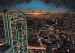  building car city cityscape clouds ferris_wheel ground_vehicle hai_to_hickory highres highway horizon motor_vehicle no_humans original real_world_location road roller_coaster scenery sky skyscraper sun sunset 