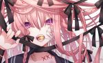  1girl bangs black_ribbon candy commentary_request eyebrows_visible_through_hair face fangs food hair_between_eyes hair_ornament highres holding lollipop long_hair looking_at_viewer messy_hair original pink_hair ribbon solo takamiya_ren very_long_hair violet_eyes 