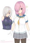  2girls armor artist_request blue_eyes blush bodysuit breasts buttons cosplay crossover fate/grand_order fate_(series) gloves hair_ornament hair_over_one_eye hairclip hamakaze_(kantai_collection) highres kantai_collection large_breasts lavender_hair looking_at_viewer mash_kyrielight multiple_girls open_mouth pantyhose shirt short_hair silver_hair skirt smile translated upper_body violet_eyes white_gloves white_shirt 