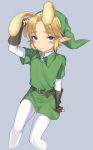  1boy animal_ears bangs blonde_hair blue_eyes blush_stickers brown_gloves commentary_request earrings eyebrows_visible_through_hair gloves green_headwear green_shirt grey_background jewelry link looking_at_viewer meimone pointy_ears rabbit_ears shirt simple_background solo sweatdrop the_legend_of_zelda thigh-highs white_legwear white_shirt 