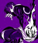  1boy crescent_moon crescent_print fire from_behind hair_over_one_eye juu_satoshi looking_back male_focus monochrome moon purple_background solo the_king_of_fighters yagami_iori 
