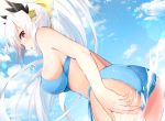 1girl ass bangs bare_arms bare_shoulders bikini blue_bikini blue_sky bow breasts clouds commentary_request day dragon_horns dutch_angle eyebrows_visible_through_hair fate/grand_order fate_(series) female_ass hair_between_eyes hair_bow hair_ornament high_ponytail horns kiyohime_(fate/grand_order) kiyohime_(swimsuit_lancer)_(fate) large_breasts long_hair outdoors parted_lips ponytail profile red_eyes side-tie_bikini sky solo swimsuit very_long_hair water water_drop white_hair yellow_bow yuzuzukushi