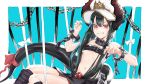  1girl bangosu bare_arms bare_shoulders black_collar black_hair black_tail breasts chain collar commentary_request grin hair_between_eyes horns long_hair navel red_eyes small_breasts smile solo tail v-shaped_eyebrows vgaming white_headwear yoruno_yui 