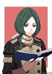  1boy artist_name ayujiji blue_eyes book epaulettes fire_emblem fire_emblem:_three_houses garreg_mach_monastery_uniform green_hair highres linhardt_von_hevring long_hair low_ponytail solo uniform white_background 