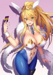  1girl animal_ears artoria_pendragon_(all) artoria_pendragon_(swimsuit_ruler)_(fate) bangs bare_shoulders blonde_hair blue_legwear blue_neckwear blush braid breasts bunnysuit card collarbone detached_collar fate/grand_order fate_(series) feather_boa fishnet_pantyhose fishnets french_braid gradient green_eyes hair_between_eyes highleg highleg_leotard holster large_breasts leotard long_hair looking_at_viewer navel navel_cutout necktie open_mouth pantyhose pink_background playing_card ponytail rabbit_ears sidelocks smile solo tako_seijin thigh_strap thighs tiara white_leotard wrist_cuffs 
