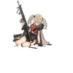  1girl bangs black_gloves blush closed_mouth coat cross full_body girls_frontline glasses gloves grey_hair gun hair_ornament hair_over_one_eye hk21_(girls_frontline) holding holding_gun holding_weapon jewelry leaning leaning_to_the_side legs long_hair looking_at_viewer machine_gun on_floor red_scarf round_eyewear scarf shells sitting sleeveless solo thigh_strap torn_clothes transparent_background twintails violet_eyes weapon xiao_chichi 